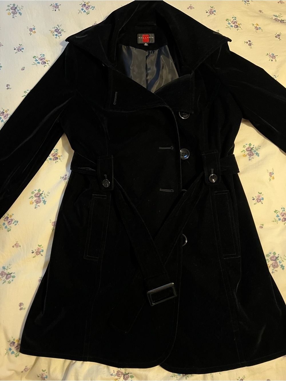 Gallery Black Velvet Trench Coat with Belted Waist